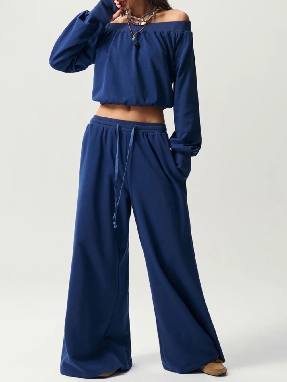 Solid Blue Off Shoulder Long Sleeve Top Wide Leg Pants Set - Picture 3 of 7